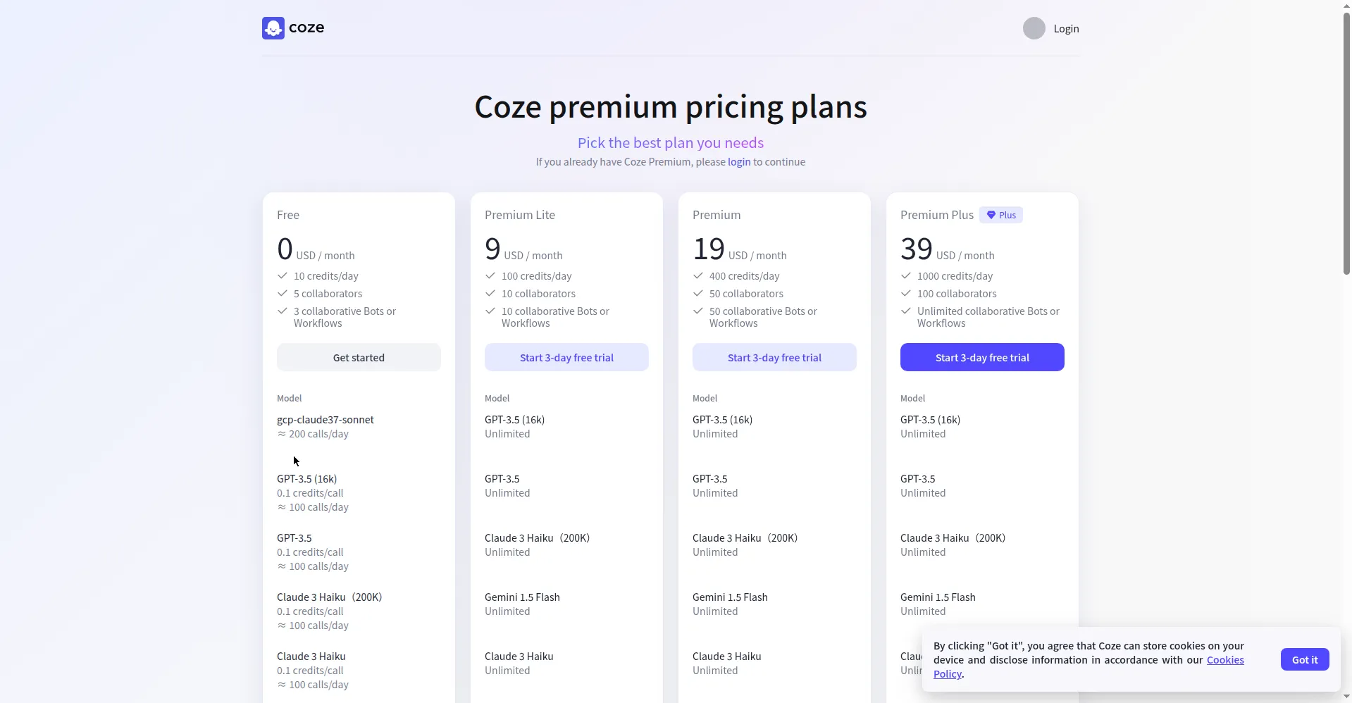 步骤6:coze.com 定价页,Free 档 0 美元/月、每天 10 credits