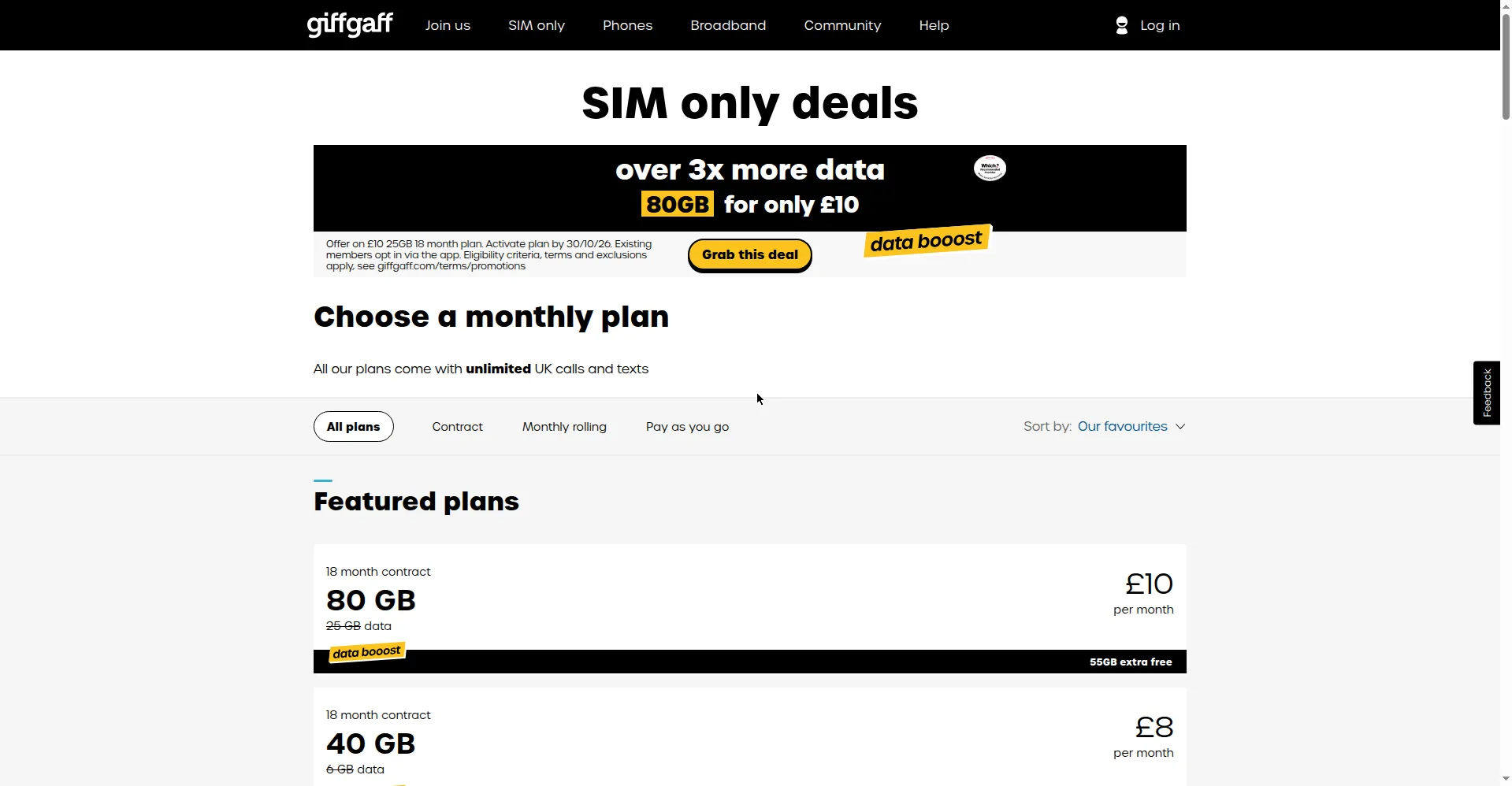 giffgaff 套餐价格页：最低 £6/月