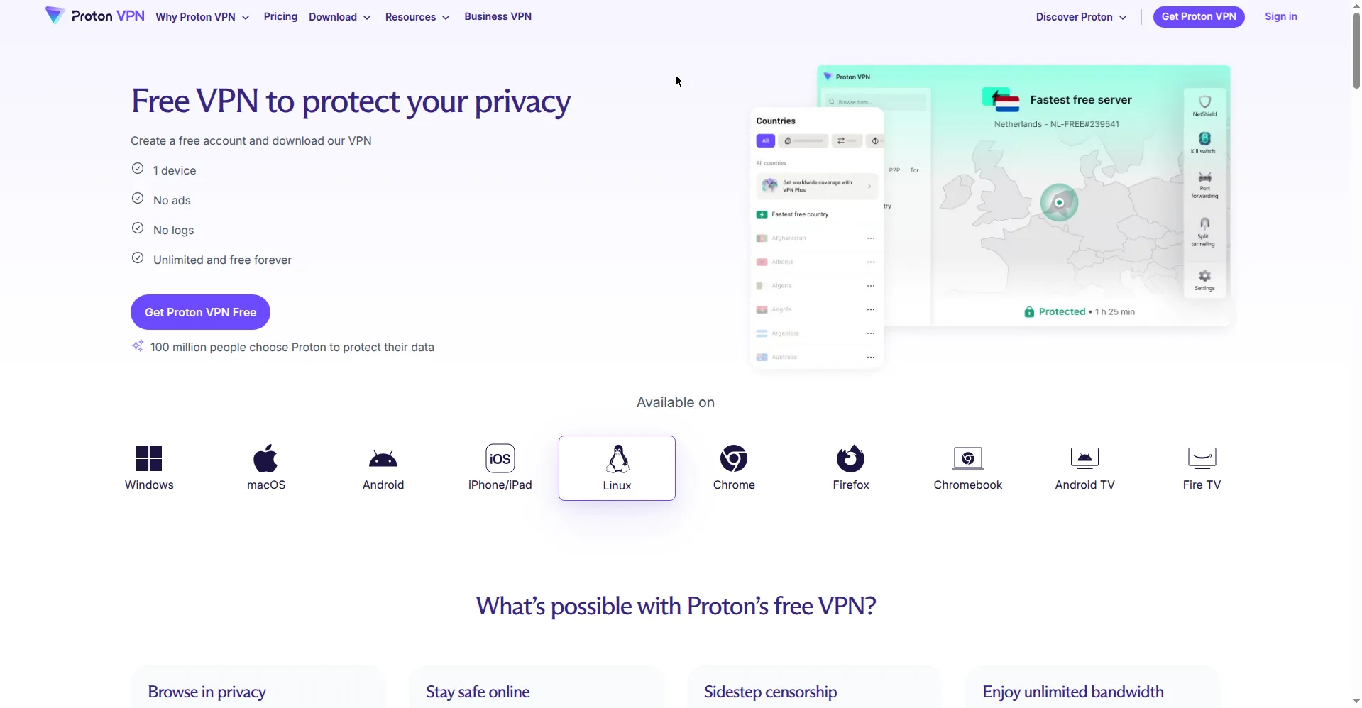 步骤2：Proton 官方 Free VPN 页：免费、无广告、无日志、无流量上限