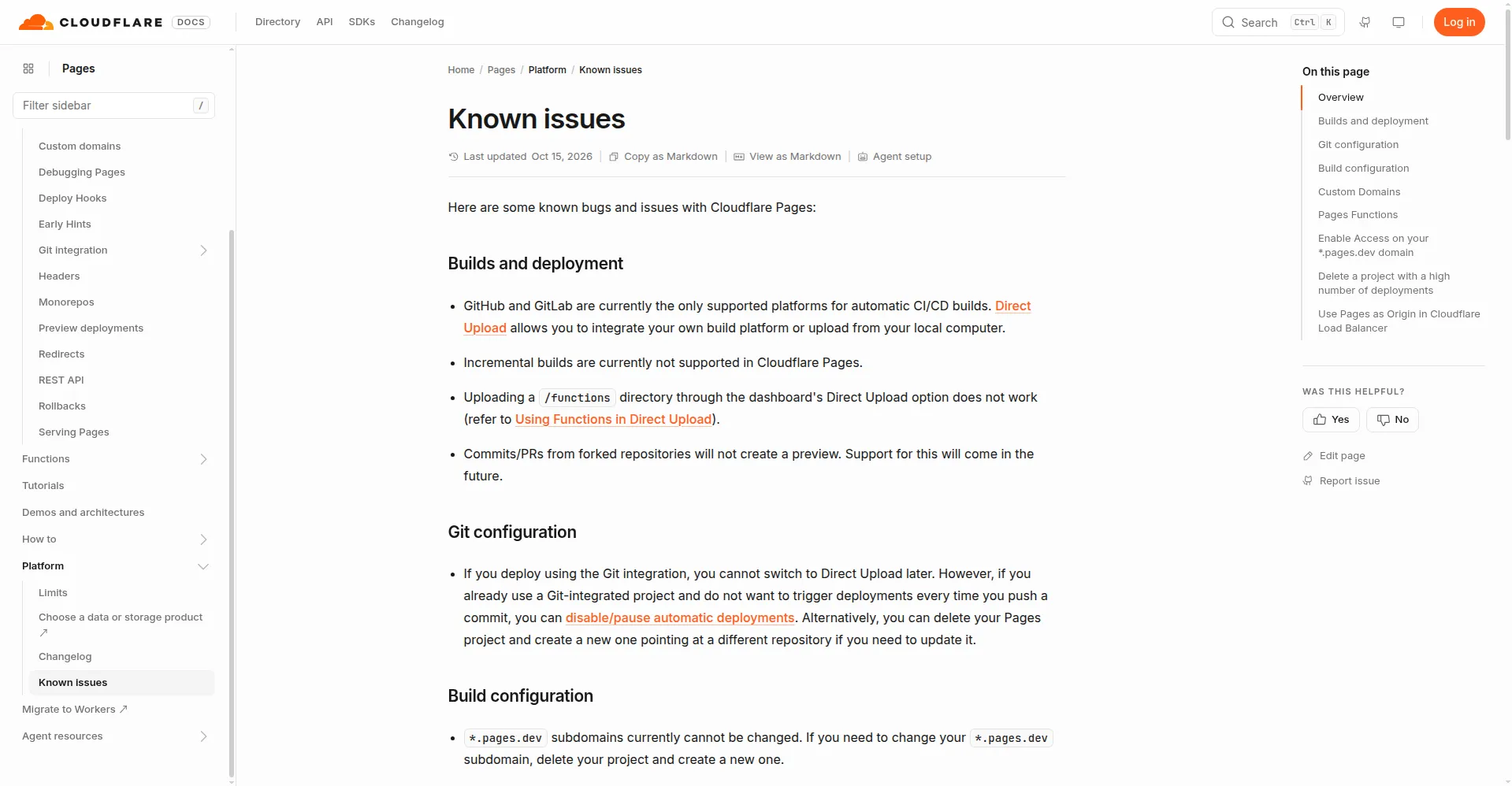 Cloudflare Pages 官方已知问题页