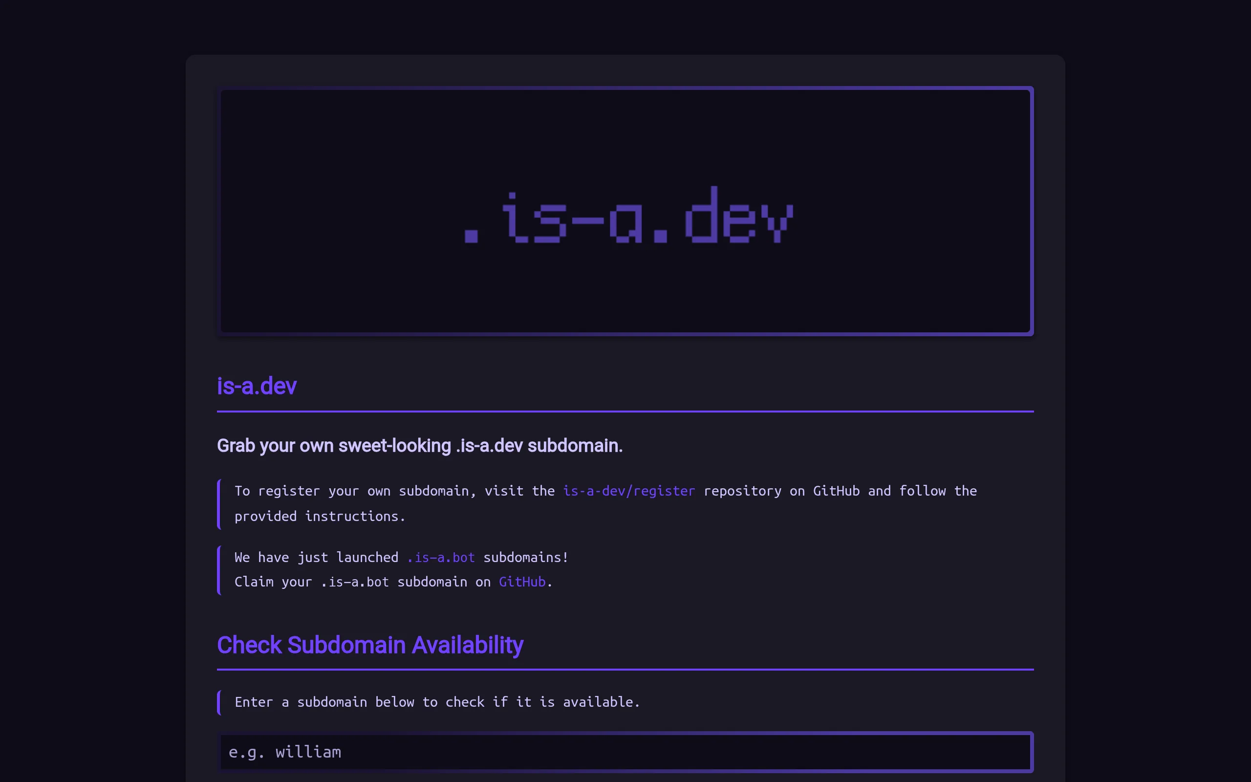 is-a.dev 首页与子域名查询