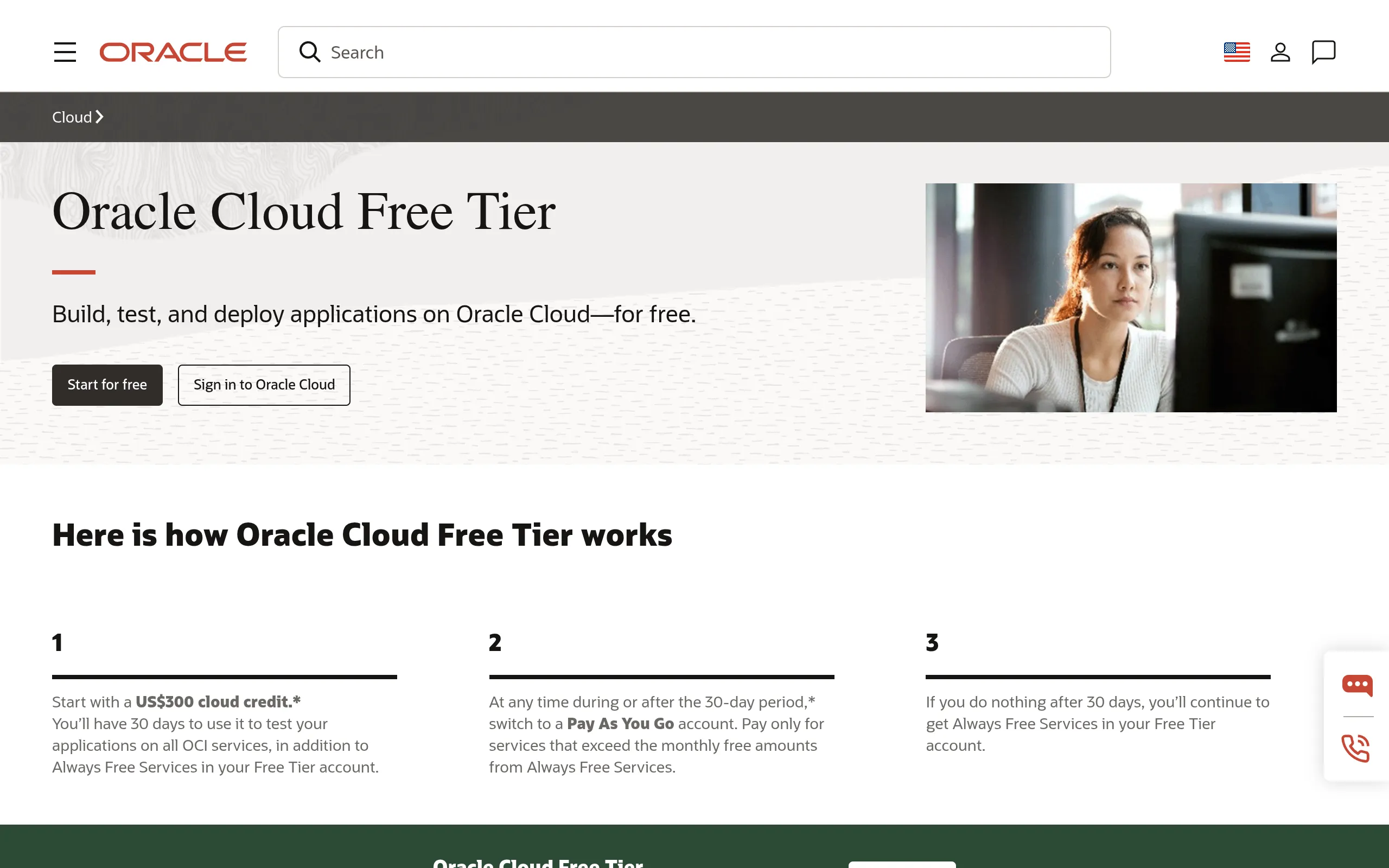 Oracle Cloud free page: Start for free registration