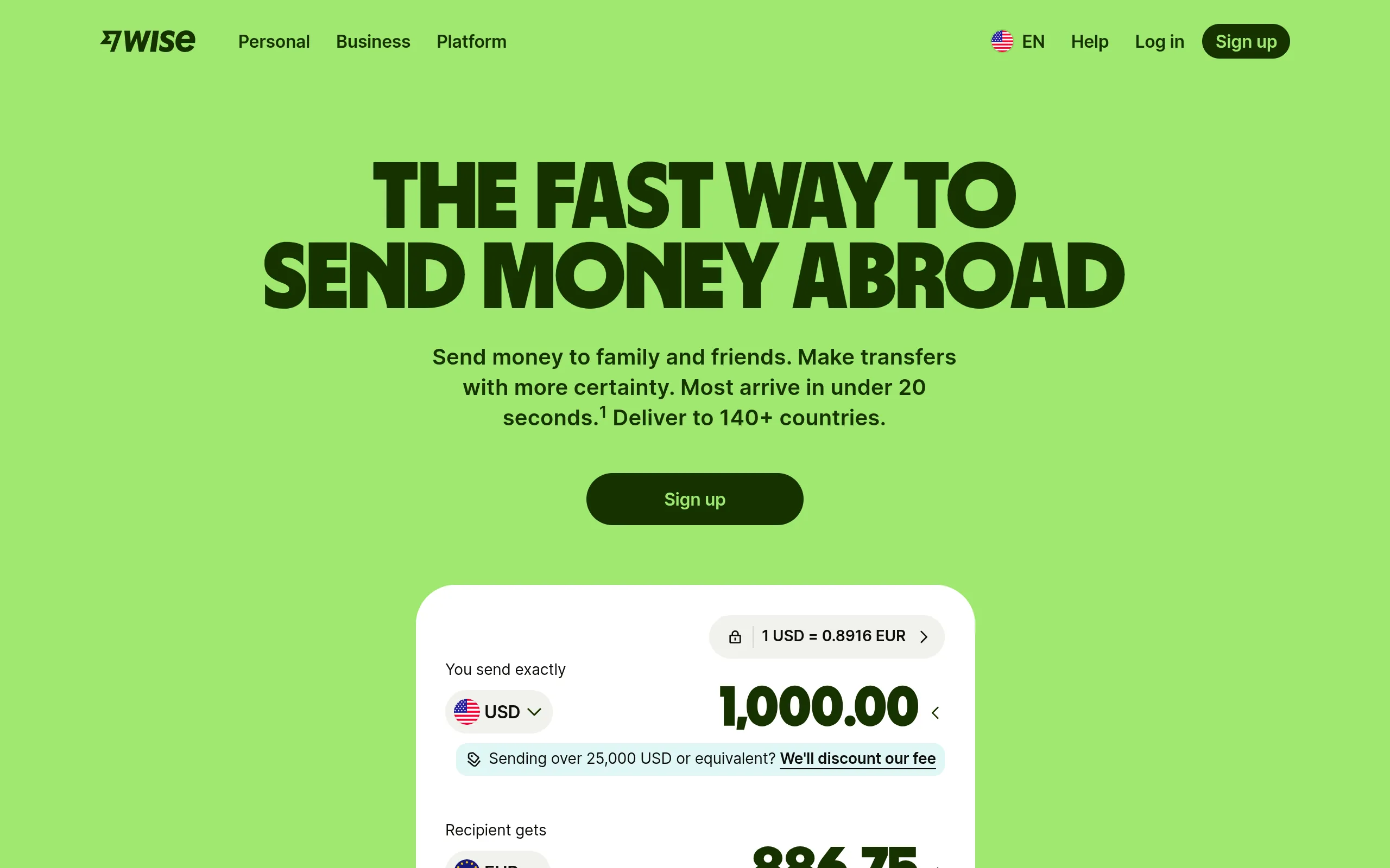 Wise homepage: free multi-currency account, 40+ currencies