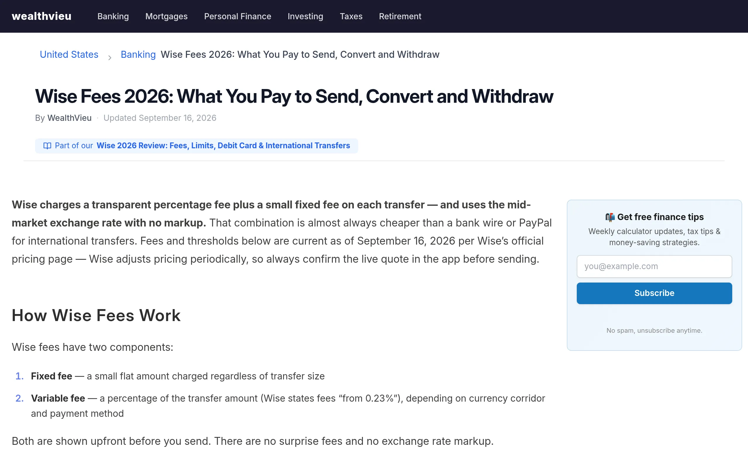 Wise 2026 fee breakdown: free signup, conversion from 0.23%, free virtual card