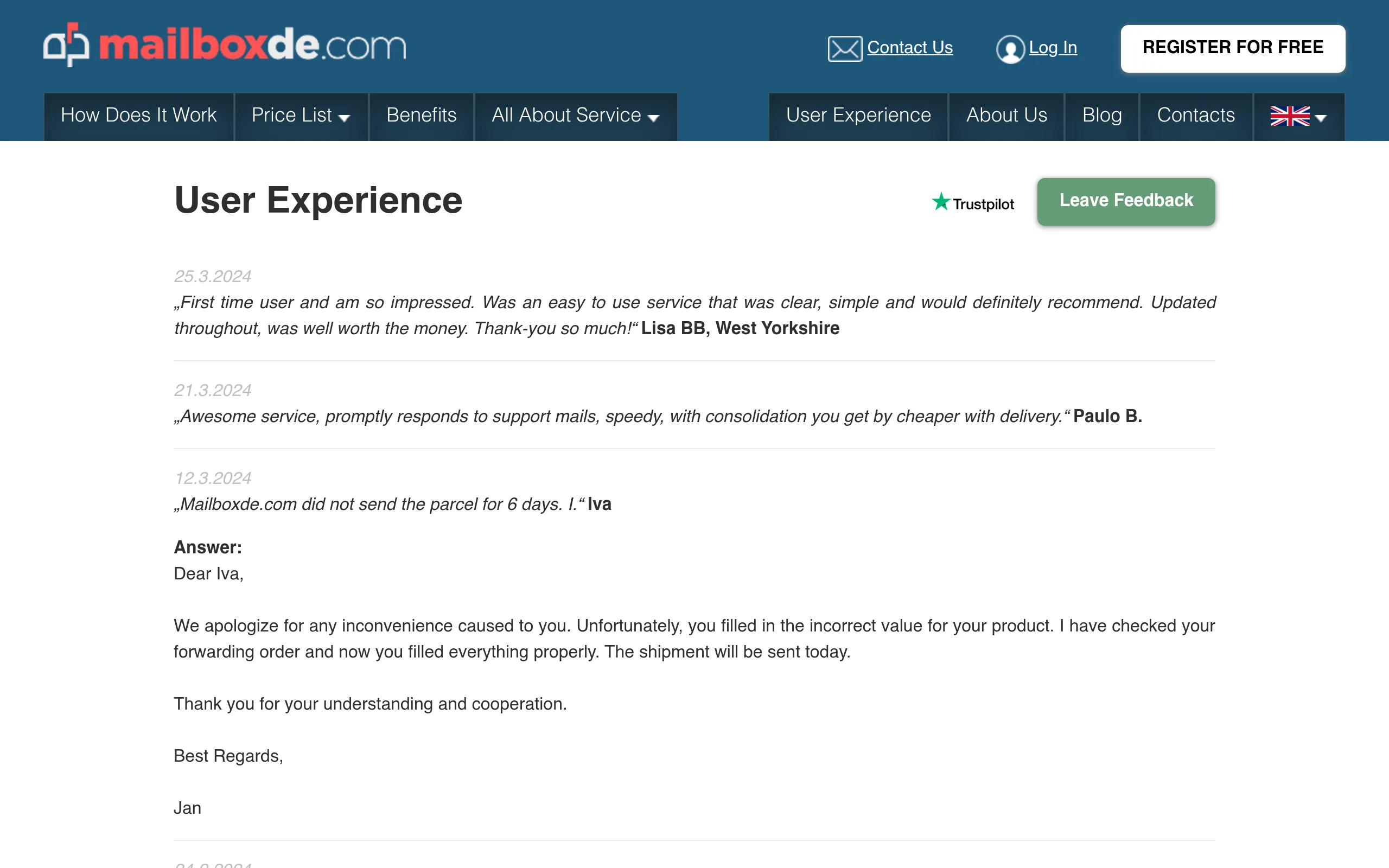 mailboxde user reviews page: genuine praise and complaints