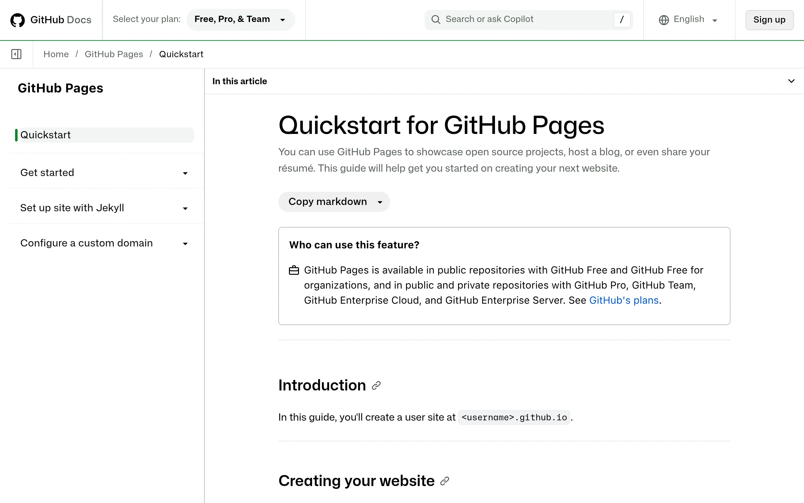 GitHub Pages official Quickstart docs